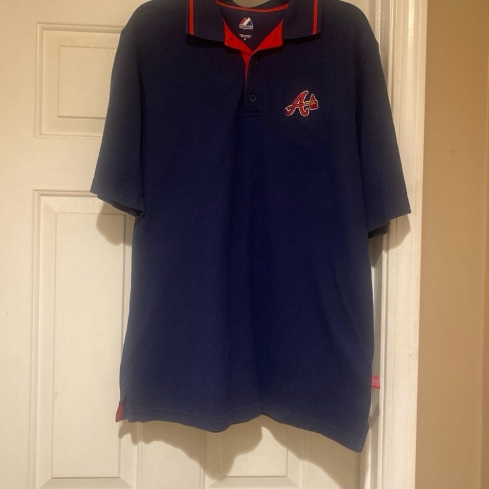 Atlanta Braves Majestic Polo Navy Blue/Red Shirt Men’s Size Medium